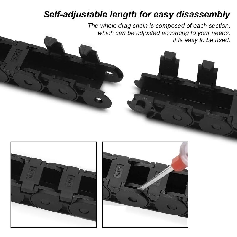LMioEtool Pack of 2, R28/38 15mm x 50mm(Inner H x Inner W) Black Plastic Cable Wire Carrier Drag Chain 1M Length for CNC, with End Connectors - Semi Enclosed Type (Inner Side openable) - Image 5